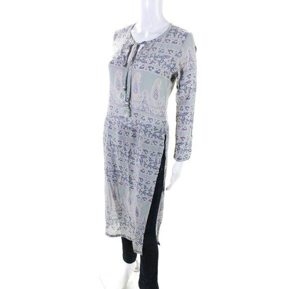 Calypso Saint Barth Womens Long Sleeve Silk Floral Tunic Shirt Gray Blue Size XS - Picture 2 of 6